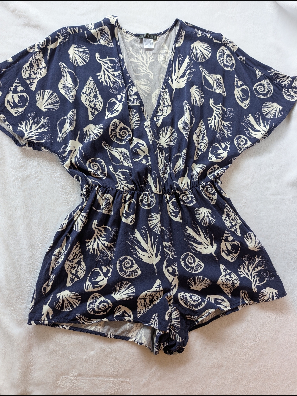 VENUS Navy and Cream Shell Print Romper